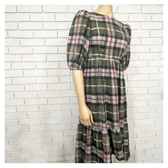 AllSaints Sadie Check Dress Puff Sleeve Hi-Low Hem | Feminine Grunge | Size 0 - Picture 5 of 8